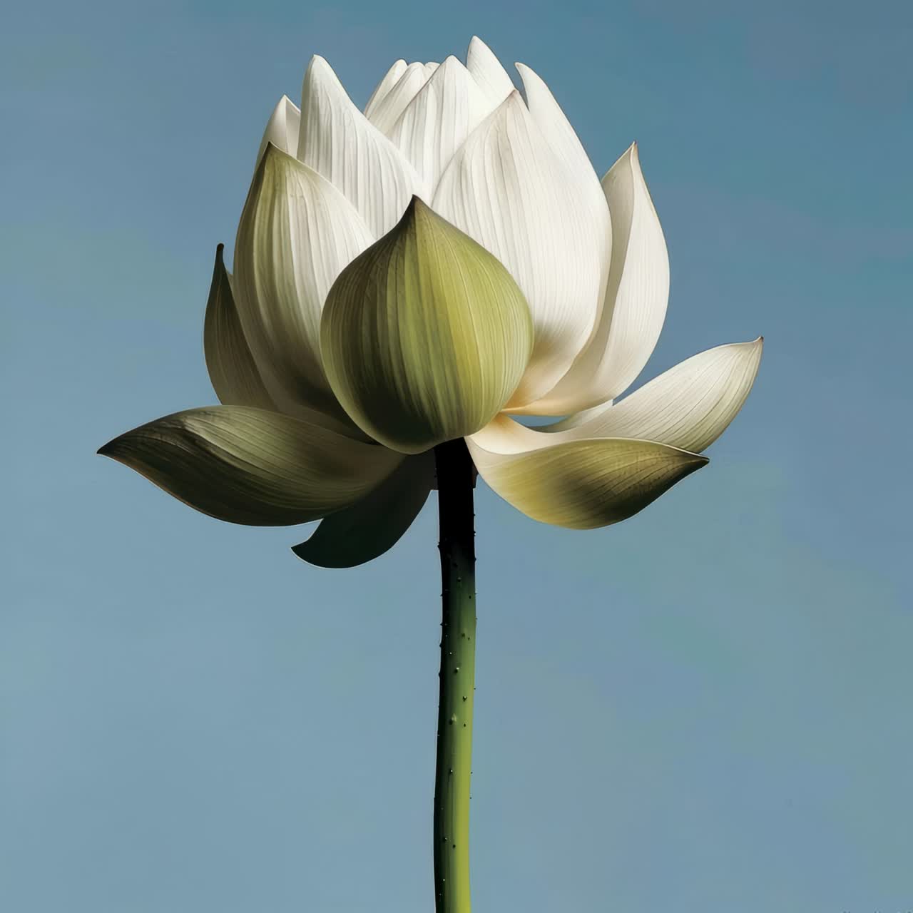 A serene, close-up video of a white lotus against a blue sky
