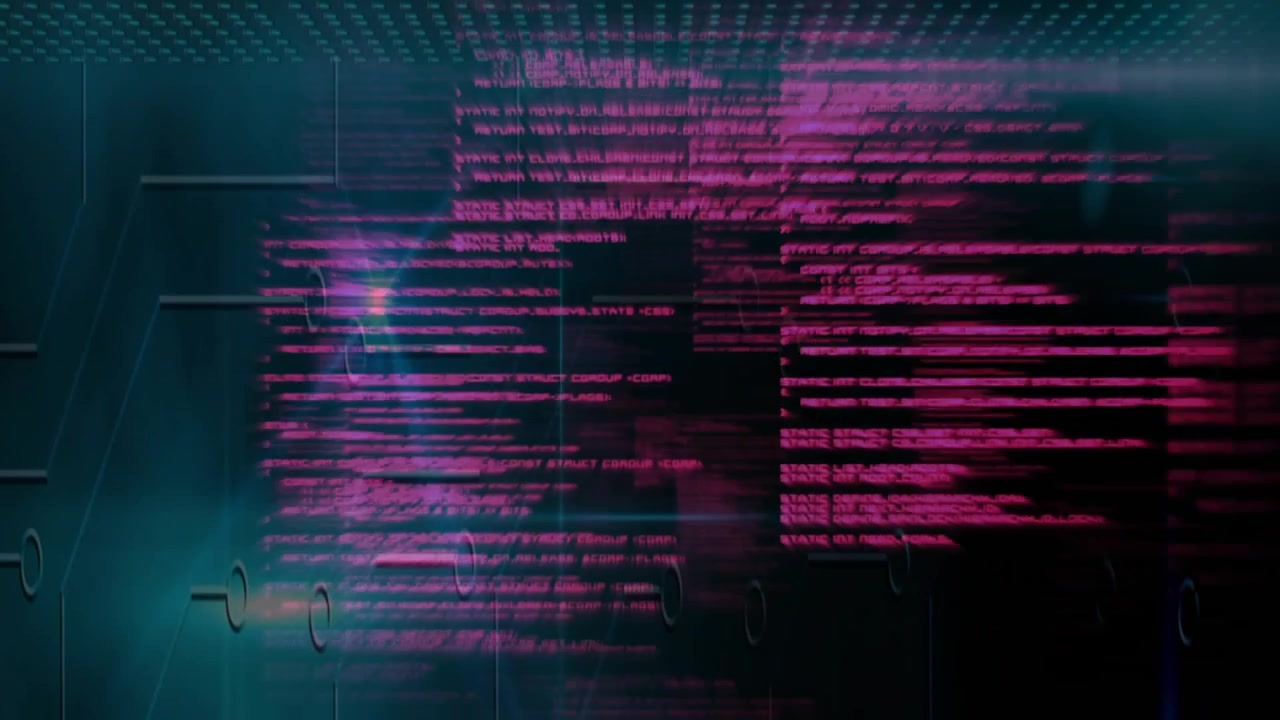 Grid appearing, magenta code scrolling, splitting, glitching, fading, surging visualizing data flow