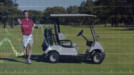 animation of digital data processing over caucasian male golf player on golf course