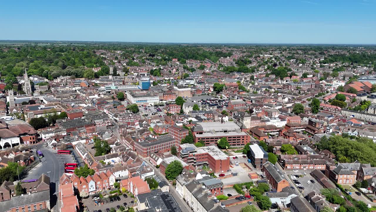 Rising drone,aerial Ipswich Suffolk Town centre UK blue sky