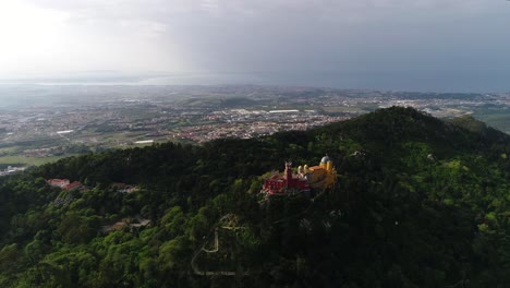 Aerial-View-of-colorful-Pena-Palace-in-a-sunny-day