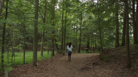 young adult black woman hiking through the northern michigan forest shot from behind