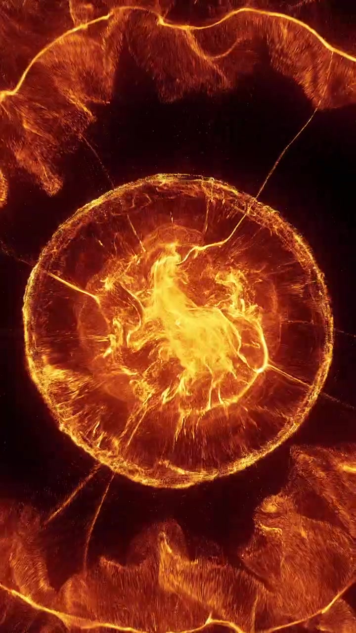 Sfera di fuoco astratta e luminosa che si espande e svanisce nell'oscurità