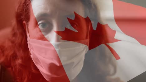 animación de la bandera de canadá ondeando sobre una mujer con máscaras faciales