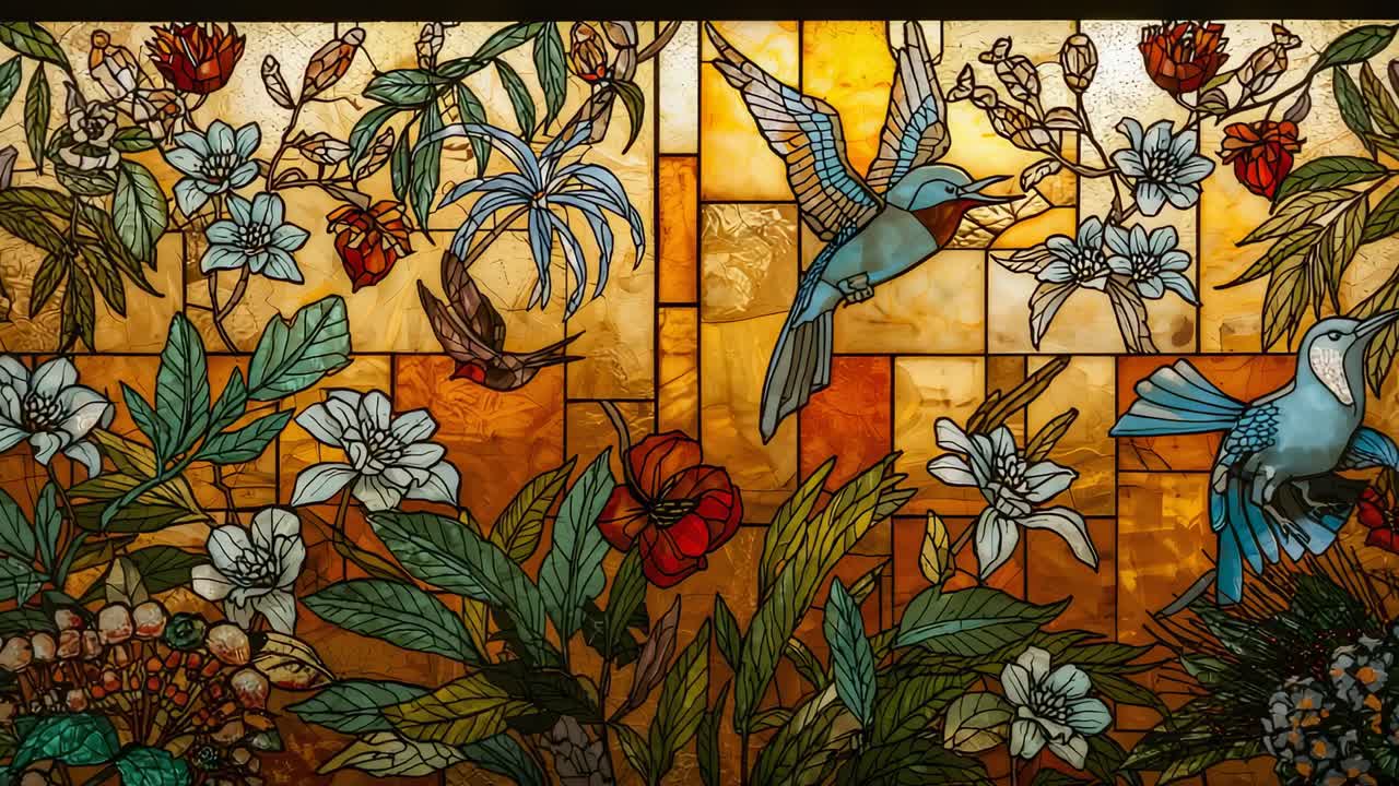 Camera recording capturing fixed stained glass interior panel, featuring hummingbird mosaic