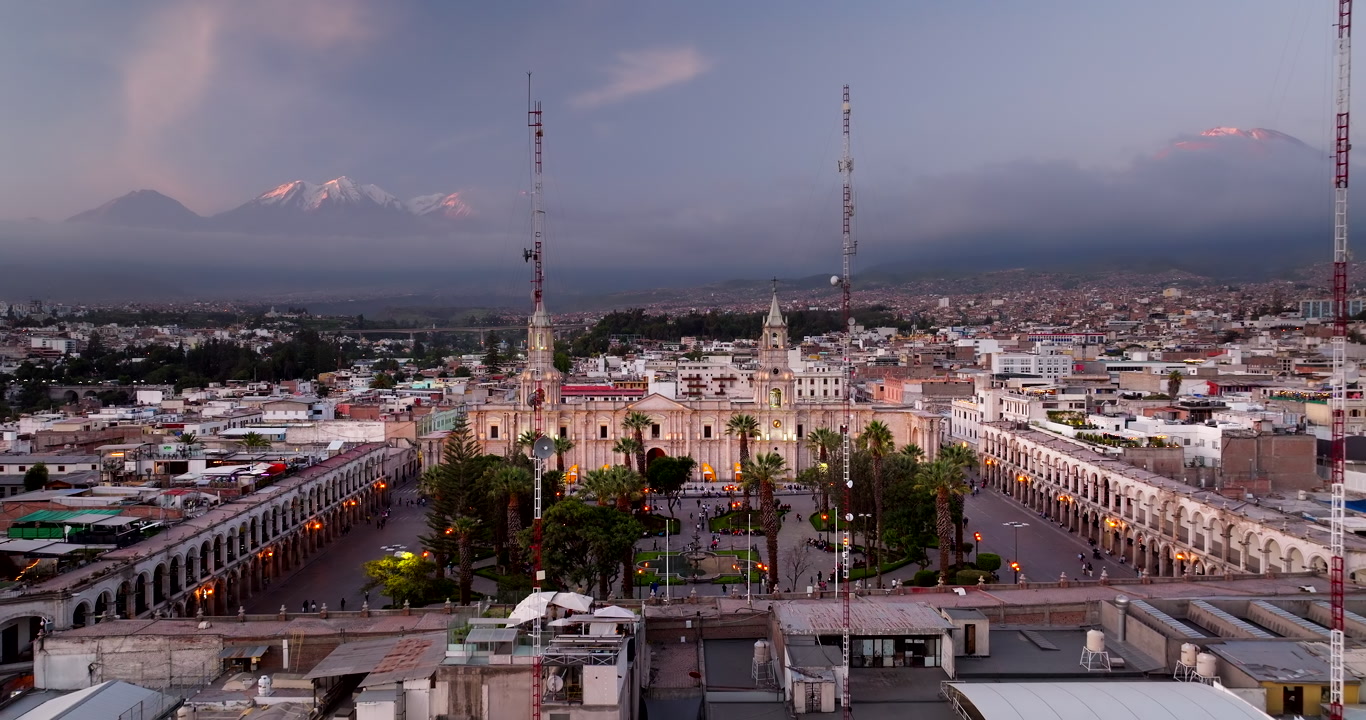 Aerial of Plaza de Armas Arequipa and Basilica Cathedral, Mountains on horizon. Travel Peru