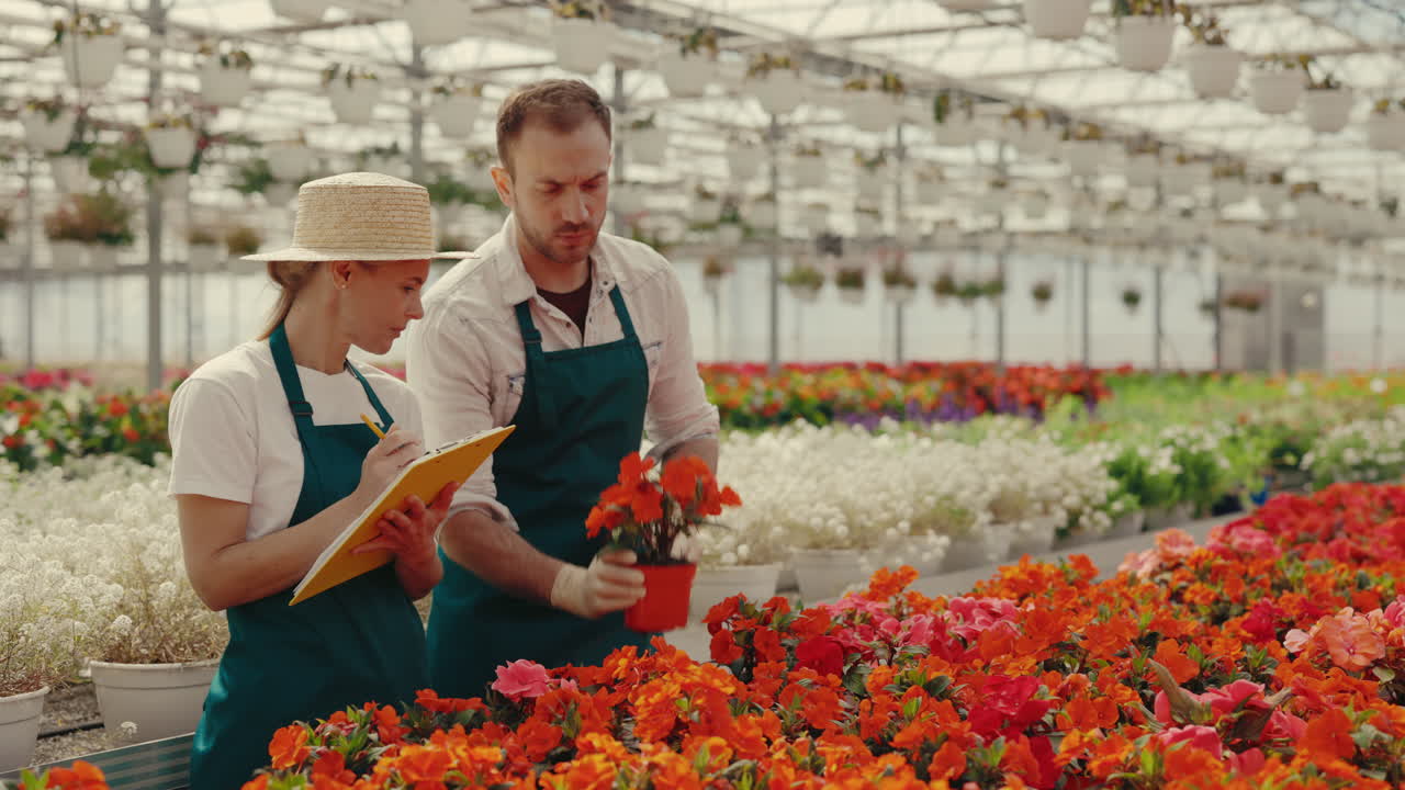 Giardinieri che ispezionano fiori in una serra commerciale