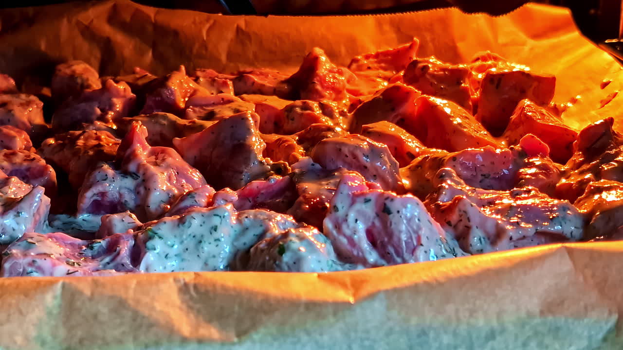 Juicy Marinated Meat Roasting in Oven With Creamy Herb Sauce on Baking Sheet