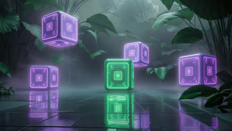 glowing futuristic cubes in a mystical jungle landscape