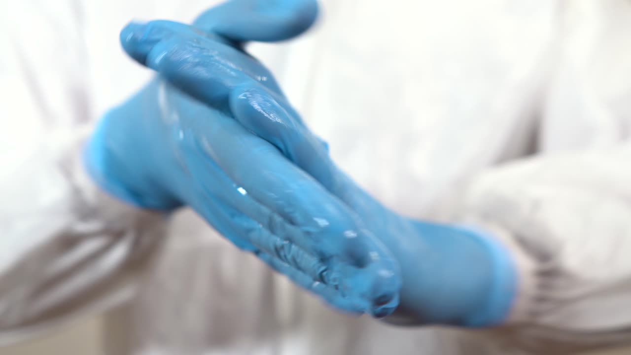 doctor in ppe cleans his hands with gel in front of the camera in a detail of his hands