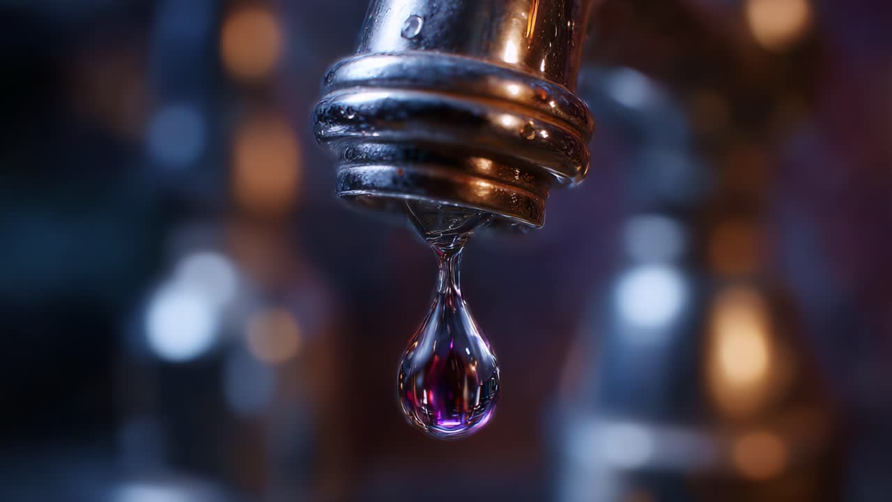 Close-Up Footage of a Dripping Faucet Showcasing Water Droplets in High Definition, Emphasizing the Gleam of the Metal and the Fluid Motion of Water