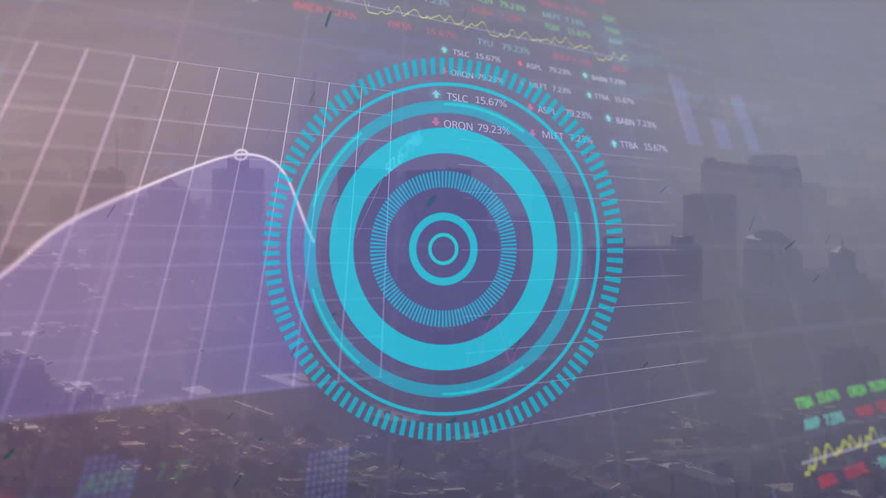 animación de un escáner circular azul sobre el procesamiento de datos financieros y el paisaje urbano