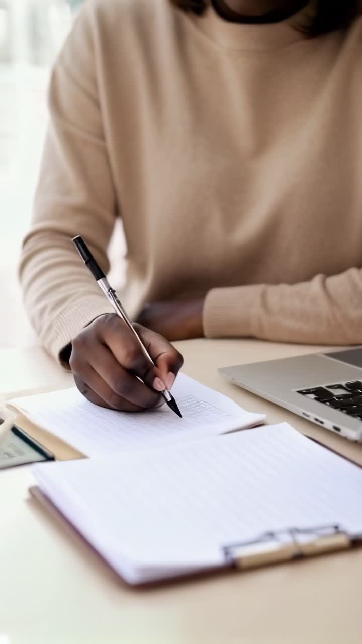 A person is writing in a notebook with a pen