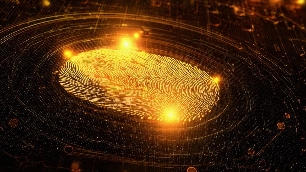 Futuristic glowing golden fingerprint scanned on a circuit board, symbolizing biometric authentication and secure digital access for identity verification, data protection, and cybersecurity