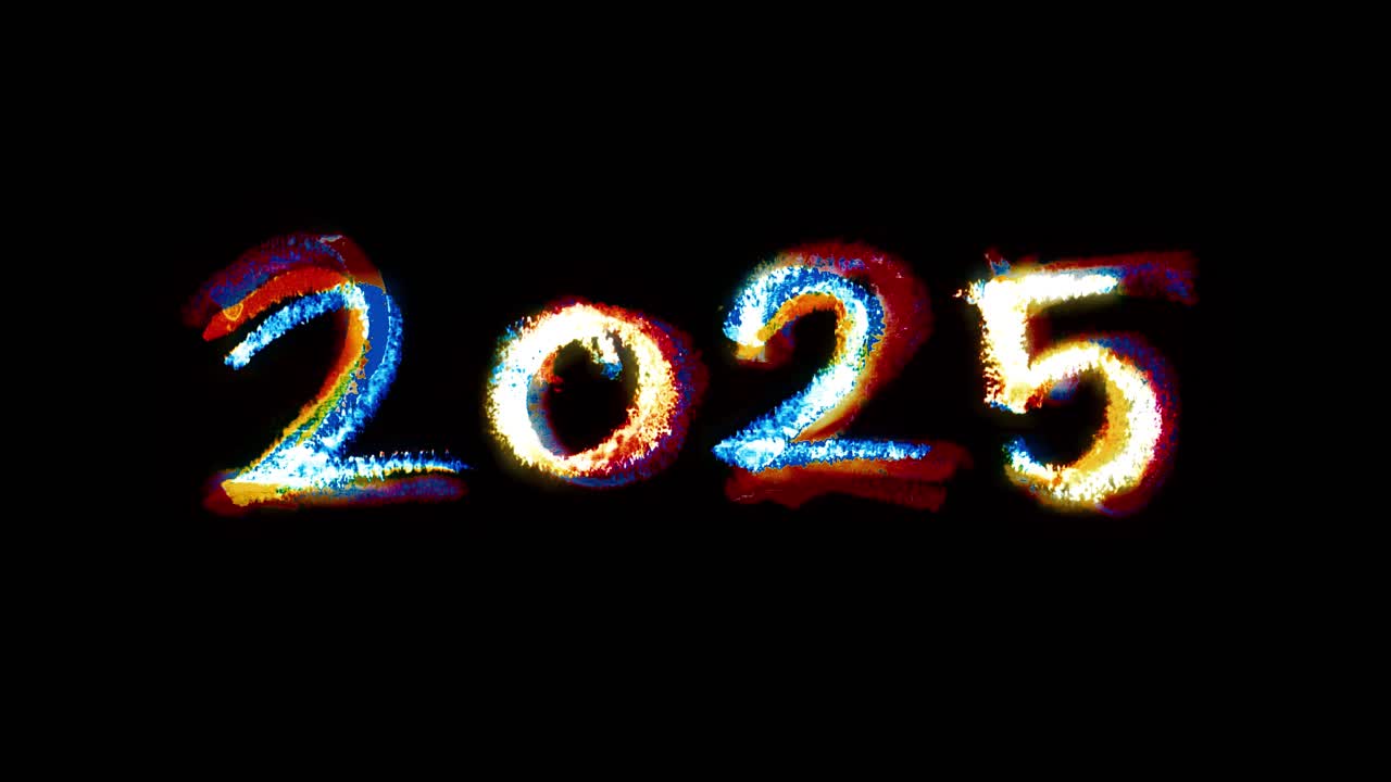 Titolo "2025" disegnato a mano con stile scarabocchio a pastello, introduzione di testo animato pulito per riepiloghi, conti alla rovescia e annunci