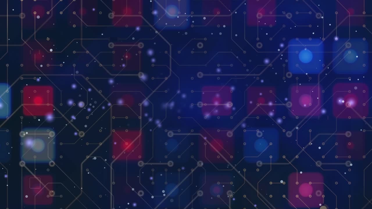 Flying through abstract electronic circuit boards, blue and red digital elements as a seamless animation, technology, connection futuristic virtual cyber computer motion background
