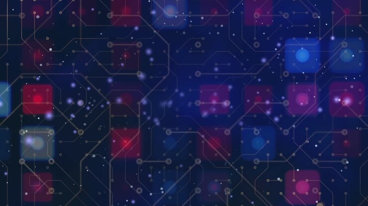 Flying through abstract electronic circuit boards, blue and red digital elements as a seamless animation, technology, connection futuristic virtual cyber computer motion background