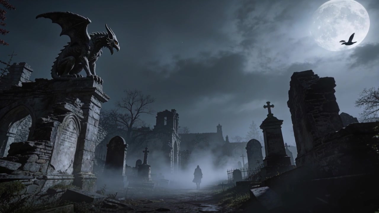 Walking cloaked figure moving along path at cemetery as moon shifting fog rising gargoyle on plinth