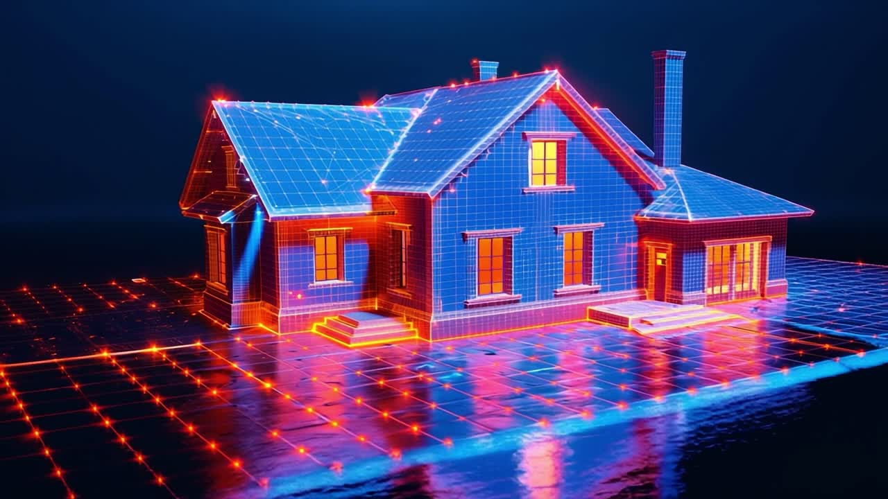 Futuristic house 3D render. This digital artwork showcases a futuristic house illuminated with vibrant neon colors against a dark background.