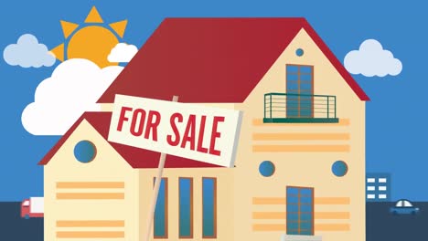 animation of house with for sale text over busy city