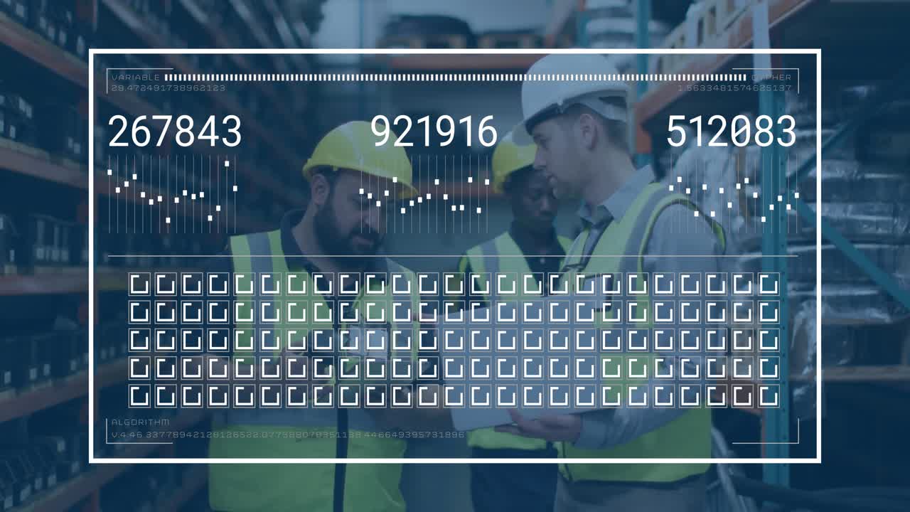 Three warehouse workers examining tablet in distribution aisle, showing digital bar chart overlays