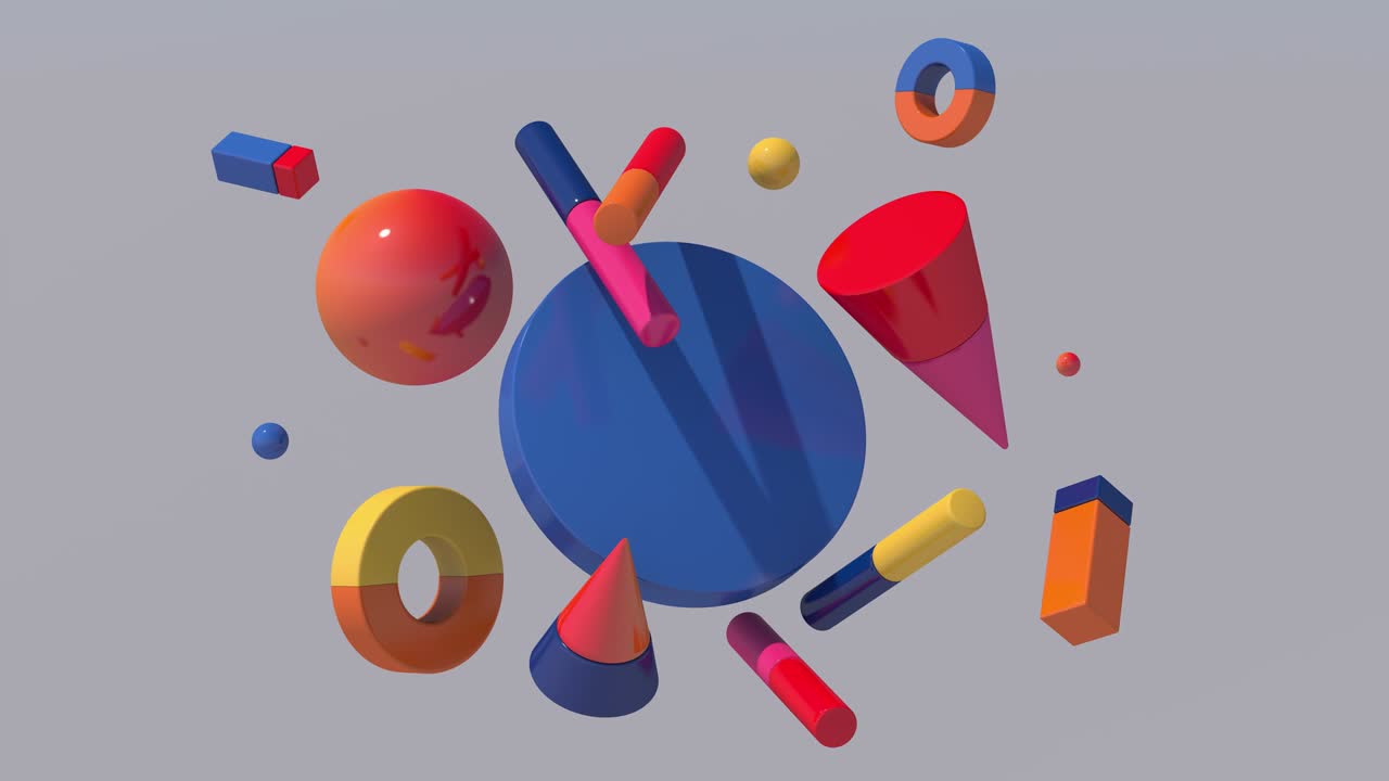 Colorful bright geometric shapes. Abstract animation, 3d render.