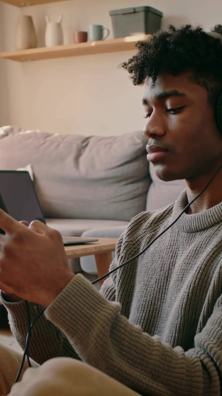 Vertikální video: Muž v svetru s drátovými sluchátky na pohovce klepe na telefon, viditelný notebook.