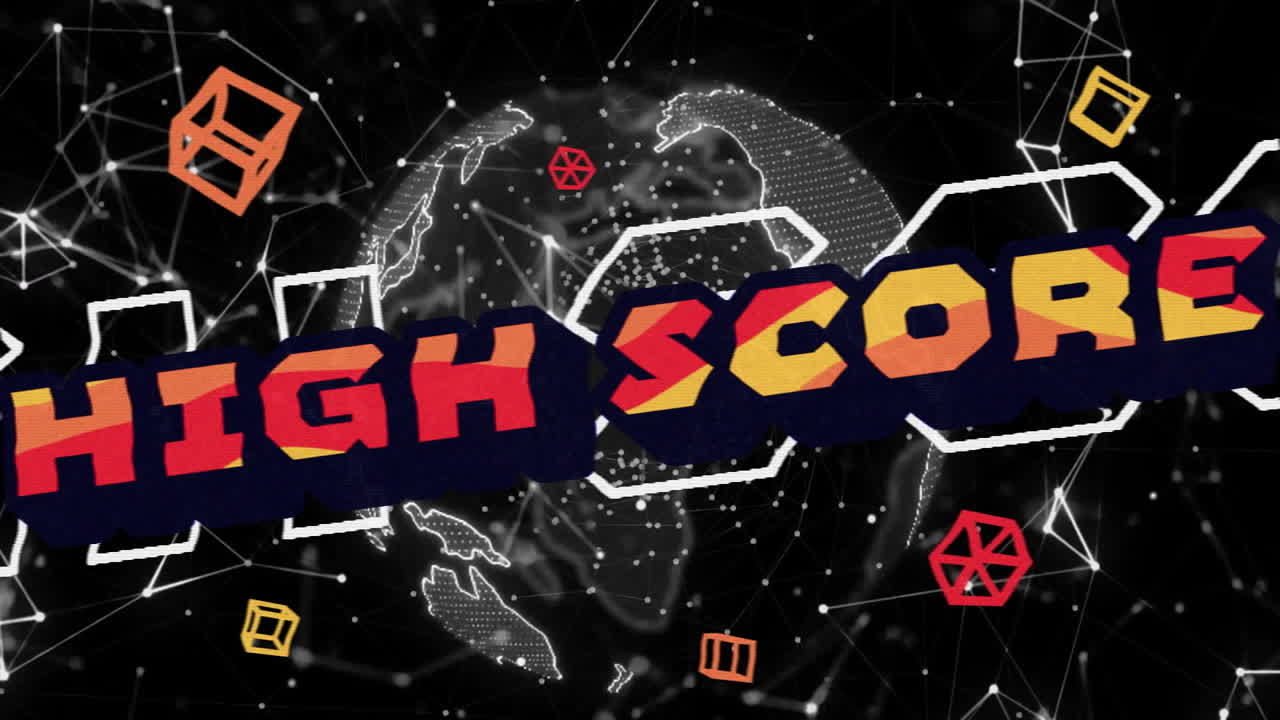 검은색 배경에 연결된 전 세계에 있는 높은 점수 텍스트의 애니메이션