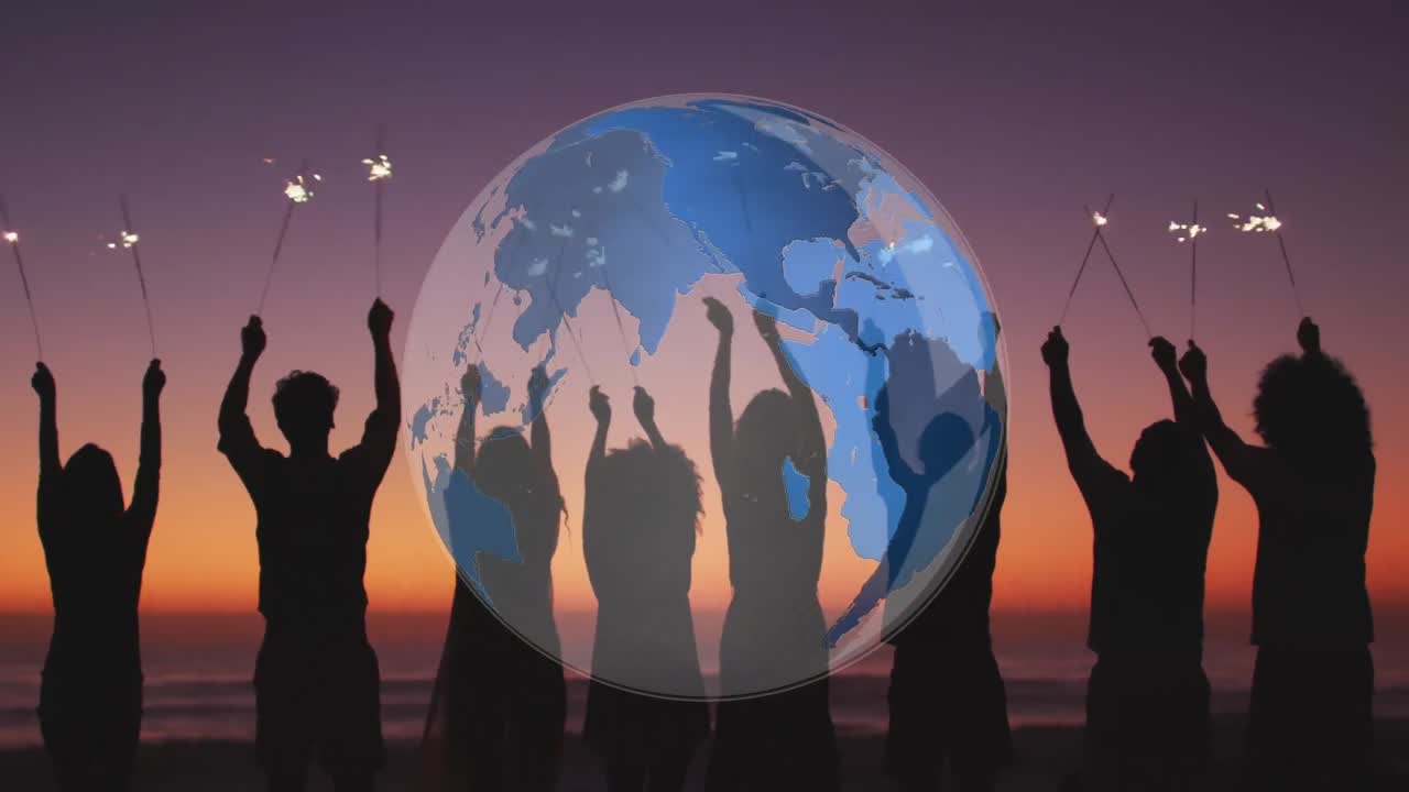 해가 지는 시점에서 바다 풍경 위에 반 ⁇ 이는 그림자와 지구를 가진 사람들의 애니메이션