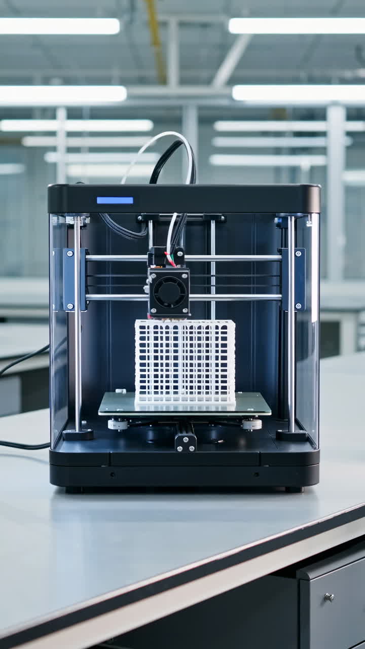 Modern 3D Printer Creating a Grid Structure in a Lab Setting