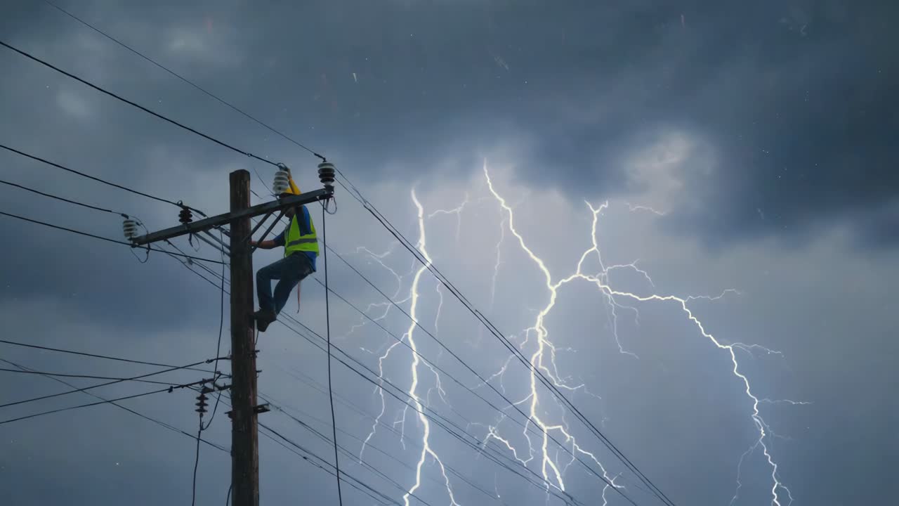 Lineman Working on Power Lines During Stormy Weather