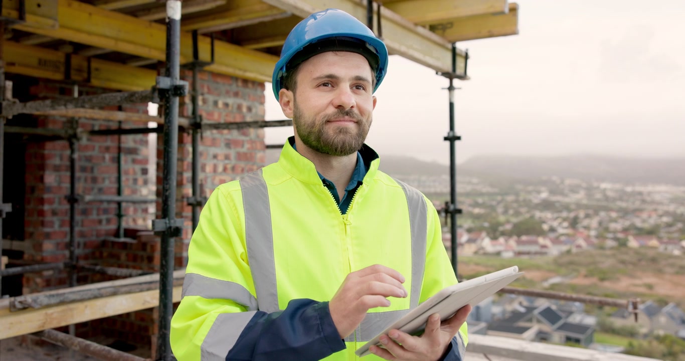 Gerente de obra de construcción usando tableta en proyecto de edificación