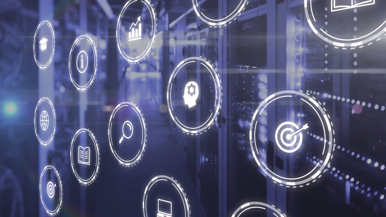 animación de múltiples iconos digitales y puntos de luz contra la sala del servidor de la computadora