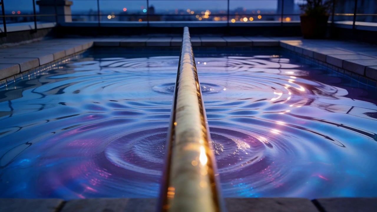 Growing ripples moving along narrow roof pool after small impact near golden handrail, with lights