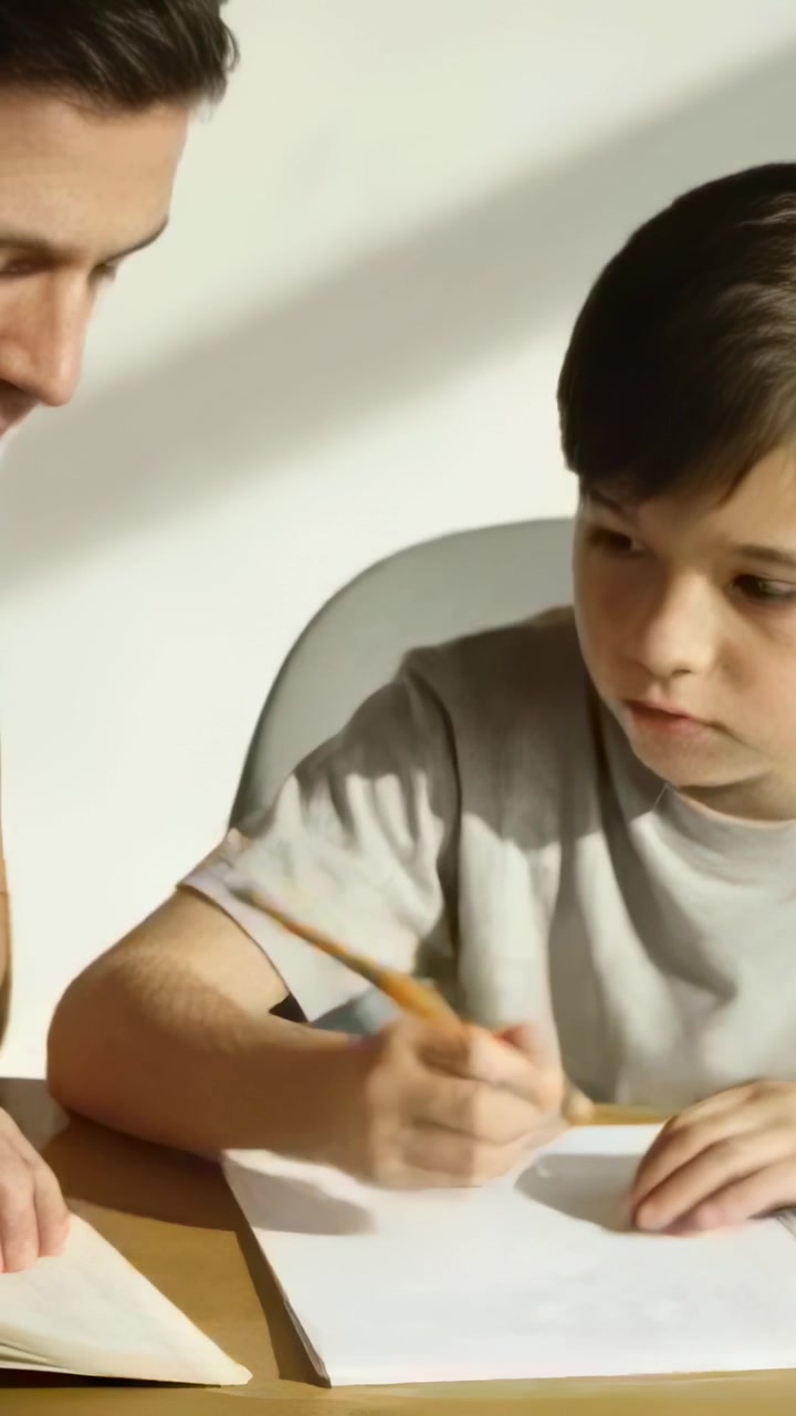 Video verticale: Bambino in maglietta che scrive, sistemando la presa a casa con una matita gialla, mentre un adulto si china per guidarlo.