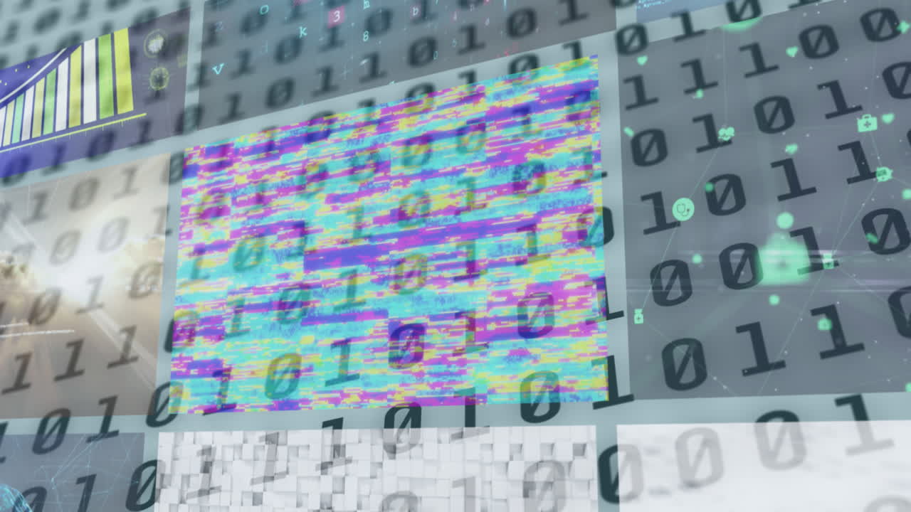 Animation of binary coding and data processing on screens