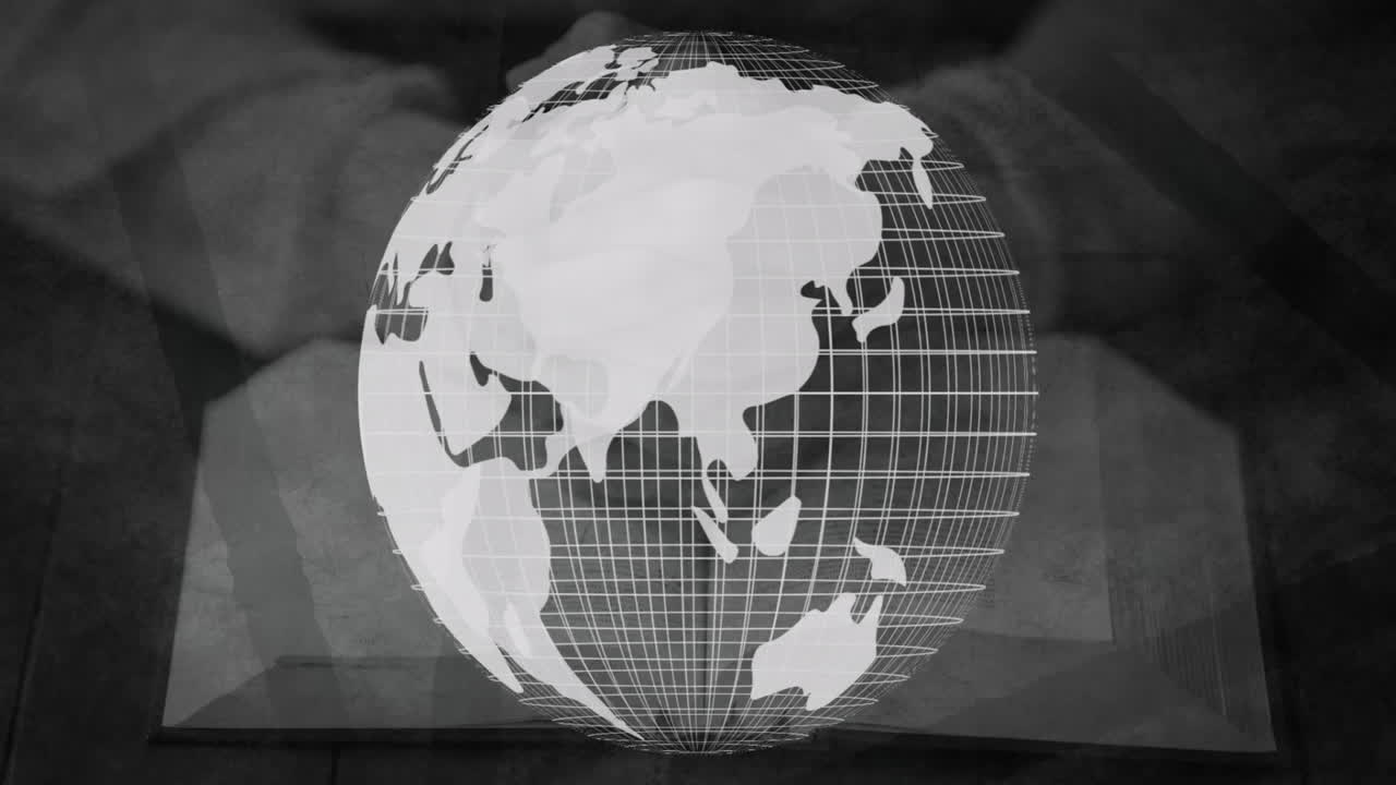 Rotating globe animation over open book, symbolizing global knowledge sharing
