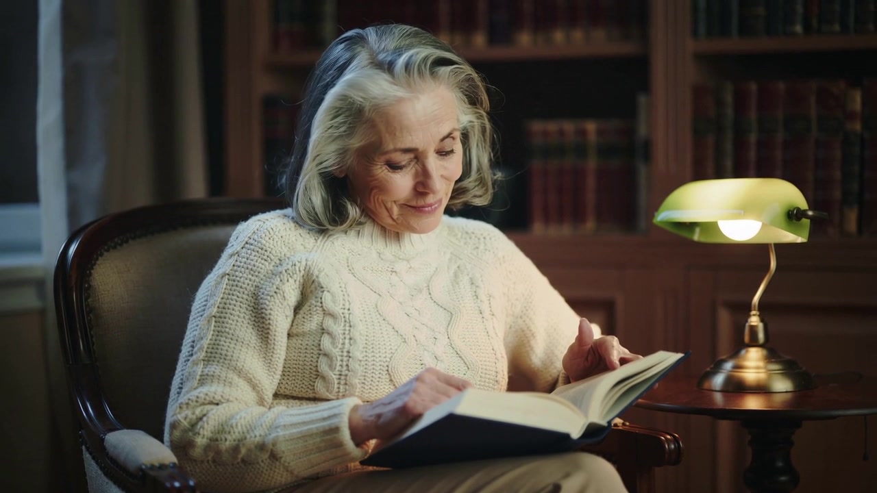 Donna anziana che inizia a leggere un libro con copertina rigida, sfoglia le pagine nello studio, con un maglione color crema, per piacere.