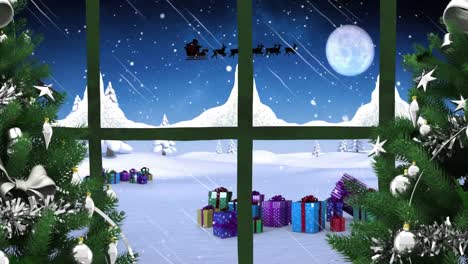 Animation-Einer-Winterlichen-Weihnachtsszene-Mit-Weihnachtsmannschlitten,-Der-Durch-Das-Fenster-Gesehen-Wird