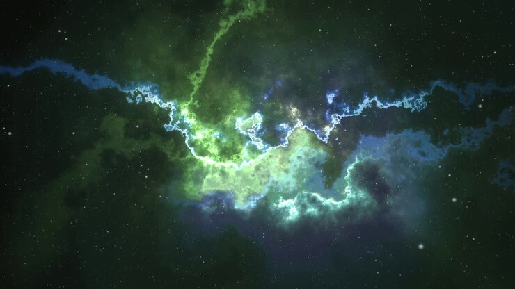 Sfondo in loop spaziale astratto con universo frattale verde elettrico e blu