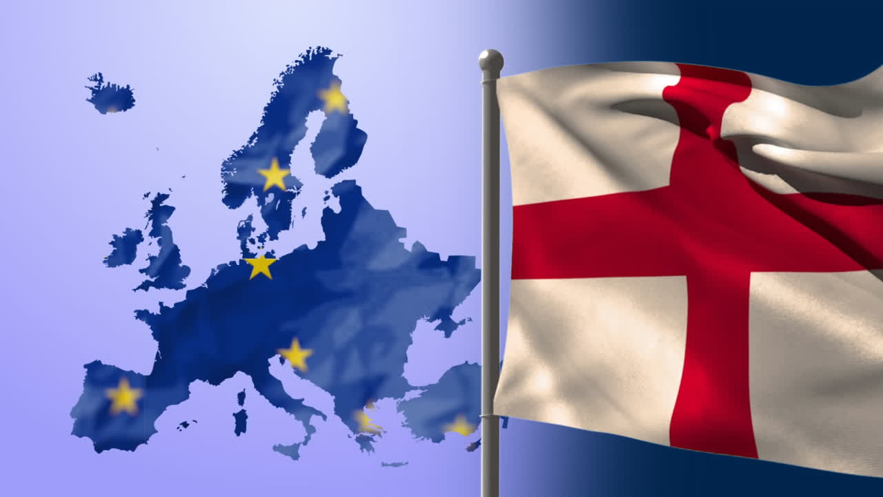 bandera inglesa ondeando contra el mapa de la ue