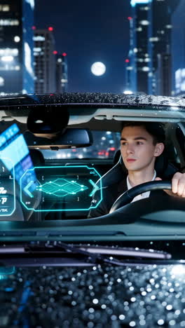 man driving a car at night in the city