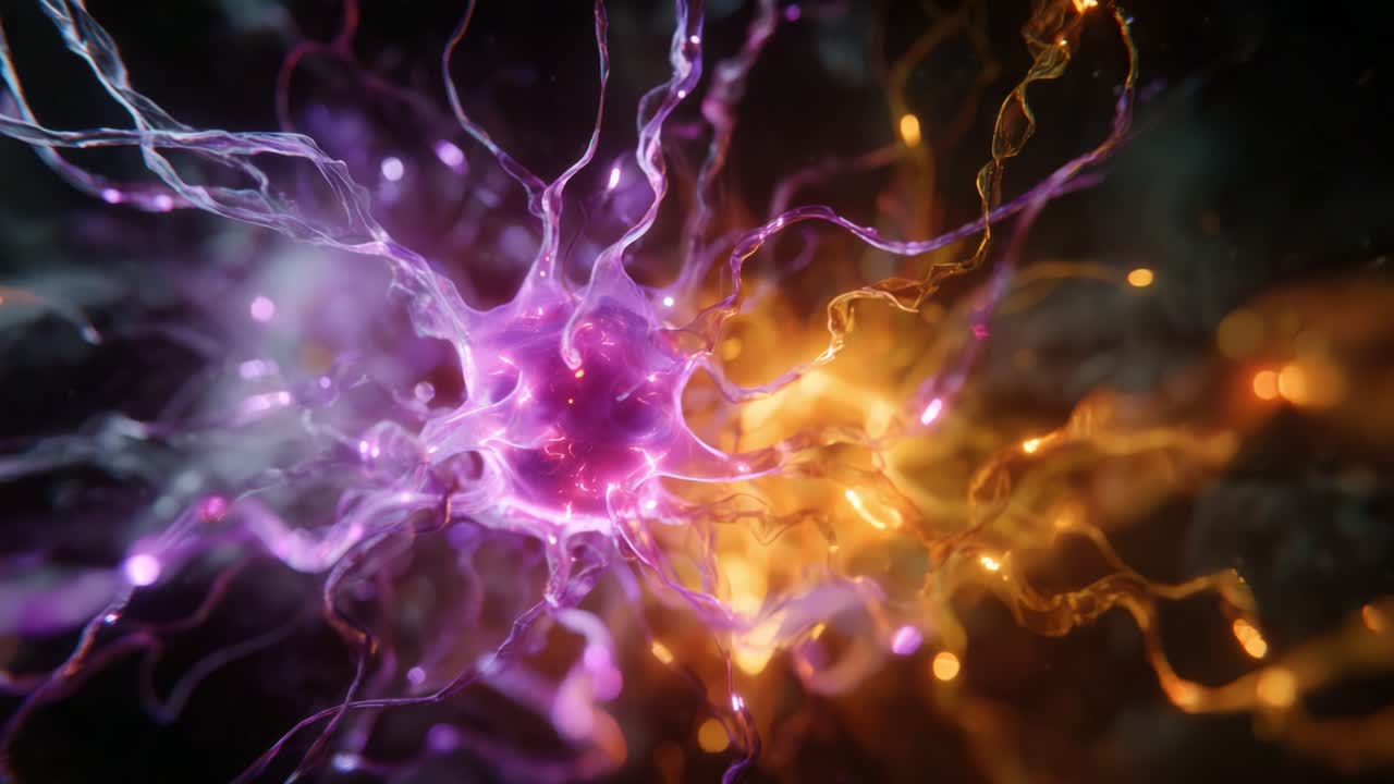 Dynamic Visualization of Neurons: A Close-Up Exploration of Neural Networks and Synapses in Stunning Purple and Orange Light Effects