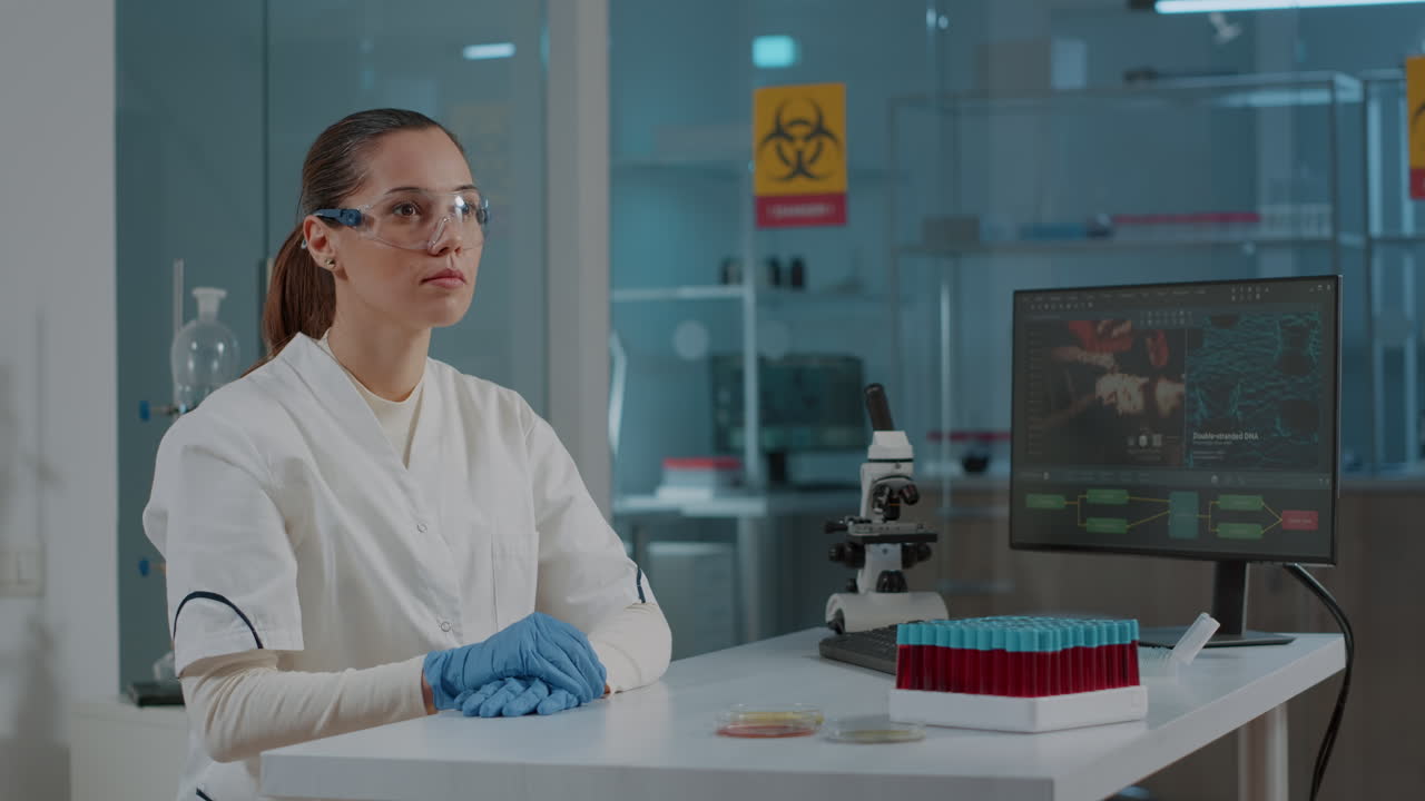 Lab worker using glasses with virtual reality to develop experiment