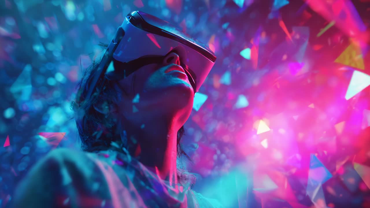 A captivating journey into immersive virtual reality with vibrant light reflections, showcasing the transformational experience of technology that takes users beyond the ordinary senses