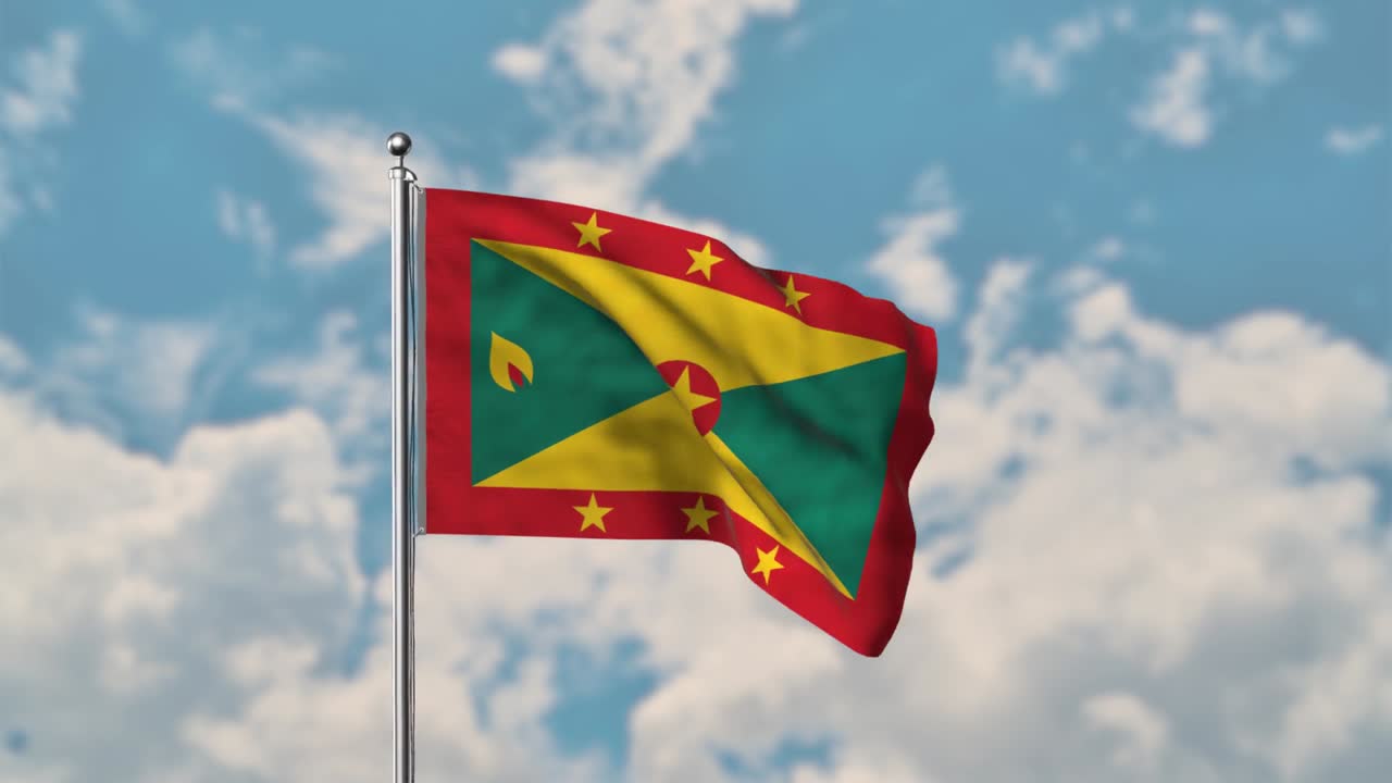Bandiera di Grenada che sventola nel cielo blu, video realistico in 4K