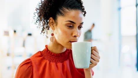 face, tea or business woman thinking