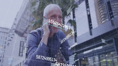 animation of data processing over caucasian senior man talking on smartphone on the street