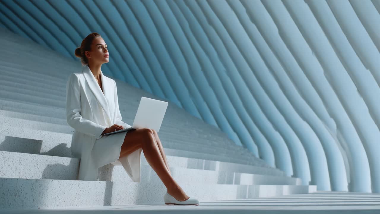 A Confident Businesswoman Sits Gracefully on Modern Steps, Engaged with Her Laptop in a Stylish and Contemporary Architectural Setting, Embracing Innovation and Professionalism