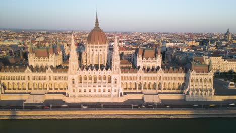 beautiful hyperlapse above hungarian parliament at sunset in budapest